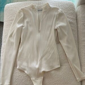 Cream Ribbed Zip up Bodysuit